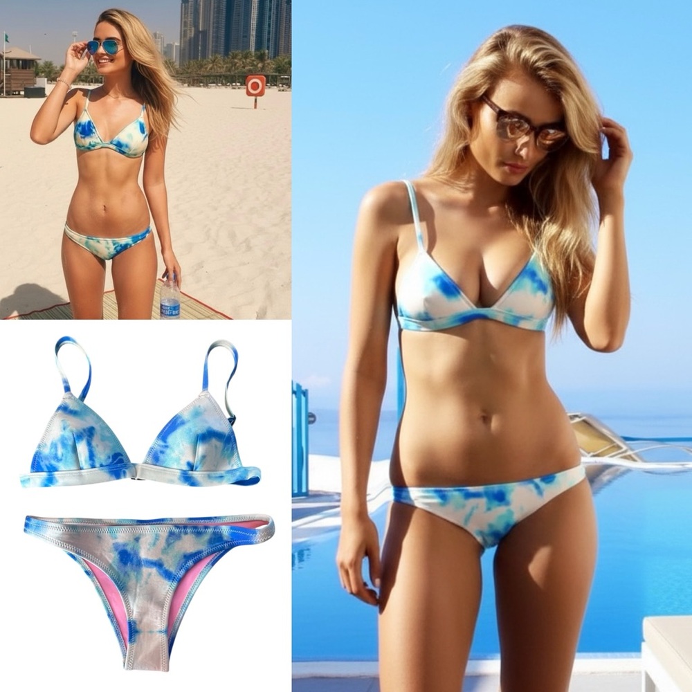 Triangl Bikini Set Neoprene Tie Dye Blue White Swimsuit Beach Pool Mixed Sizing